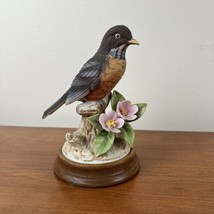 Vintage Andrea By Sadek Robin Brown Porcelain Bird Figurine Pink Flowers... - £11.65 GBP