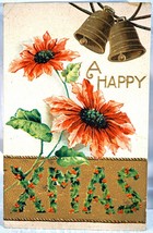 Antique Embossed Postcard A Happy Xmas Poinsettias Bells Holly - 1910 1 Cent - £3.94 GBP