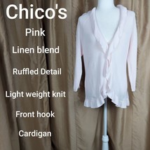 Chico&#39;s Size 2 Pink Linen Blend Ruffled Detail Knit Cardigan - £14.16 GBP