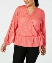 INC Women&#39;s Plus Size 0X Polished Coral Textured Faux Wrap Top New With Tags - £12.67 GBP