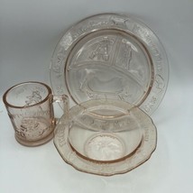 Tiara Indiana Glass Pink kids Nursery Rhyme Plate Mug Bowl Set Mother Go... - $37.36