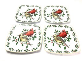 Cardinal and Holly Square Dessert Plates Christmas Set of 4 NEW in Box L... - $36.81