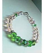 Pink and Green Beaded Handmade Bracelet featuring Rhinestones and Silver... - £4.74 GBP