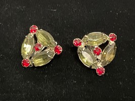 GARNE Vintage Clip-On Earrings Olive/Green &amp; Ruby/Red Rhinestones Silver... - £6.91 GBP