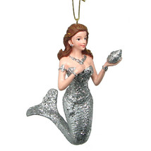 Silvery Glittered 4.5&quot; Resin Mermaid Holding Sea Shell Nautical Xmas Ornament - £8.77 GBP