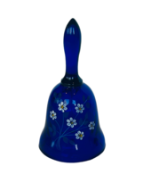 Fenton art glass figurine bell cobalt blue floral signed Marshall flower vtg usa - £31.50 GBP