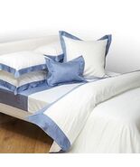 Yves Delorme Cocon White King Shams Pair Baltic Blue Border Cotton Satee... - $95.00