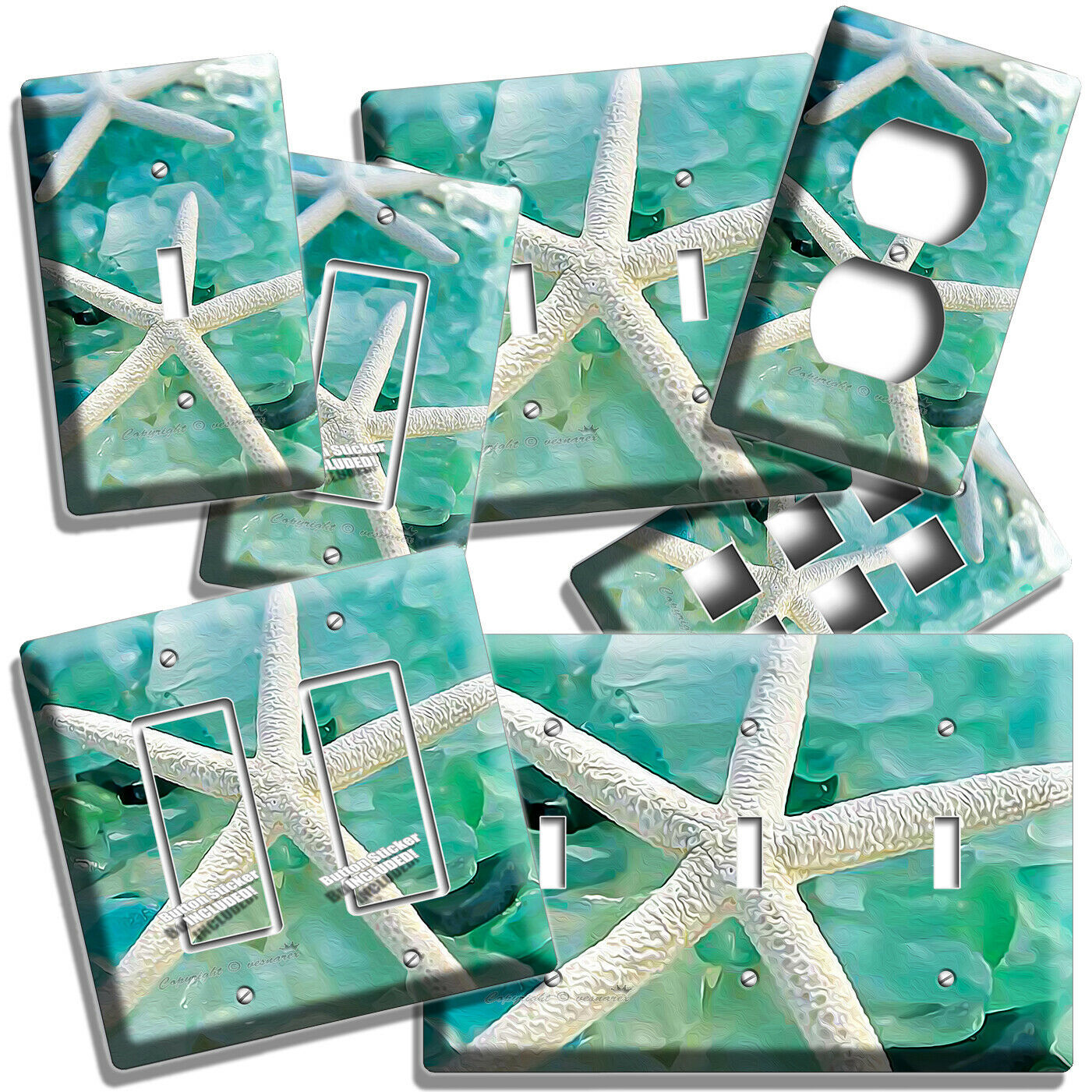 TURQUOISE SEA GLASS LIGHT SWITCH OUTLET PLATE ROOM BEACH HOUSE BATHROOM HD DECOR
