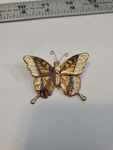 Vintage Butterfly Brooch Pin Gold Red Orange Yellow Gold  Enamel - £11.73 GBP