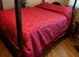 Vtg 1960&#39;s hot pink paisley fringed bedspread full Hollywood Regency Atomic Boho - £87.58 GBP