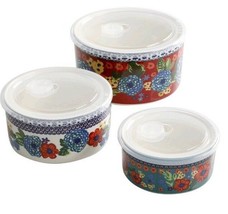 Pioneer Woman ~ Dazzling Dahlias ~ Six (6) Pc Ceramic Bowls w/Plastic Lids - £29.78 GBP