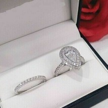 Halo Wedding Ring Set 3.10Ct Pear Cut Diamond 14k White Gold Finish in Size 7.5 - £126.17 GBP