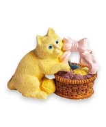 Vintage Cat &amp; Yarn Basket Figurine | Miniature | Quirky Yellow Easter Kitty - $152.05 MXN