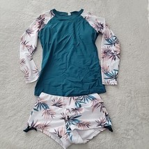 Women&#39;s 2 Piece Long Sleeve Swimsuit Set ~ Green &amp; White ~ Floral ~ Sz M - £17.93 GBP