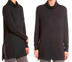 $48 Nordstrom SOFT Turtleneck Top X Small 0 2 Black Ribbed Trim Side Ven... - $23.76