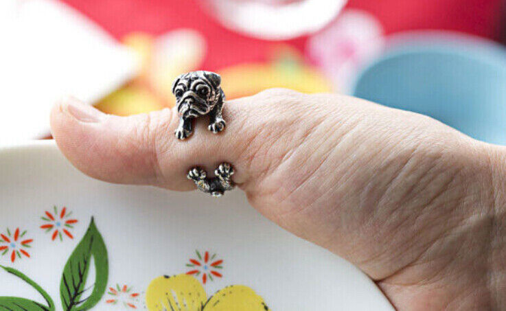 Primary image for New Women’s Silver Tone French Bulldog Rap Around Adjustable Fashion Ring 