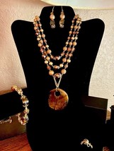 OOAK Handcrafted Gold Tone, Triple Strand/Pendant Brown Glass Beads w/Ring Set - £35.85 GBP