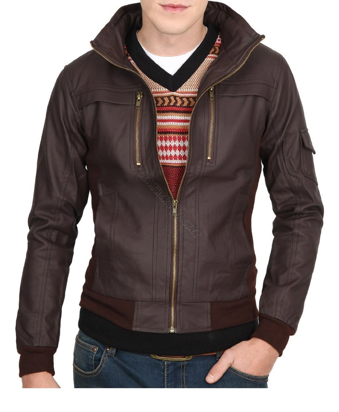 Men's Slim Leather Jacket, Brown Biker Leather Jacket,Men's Zipper Pocket Jacket