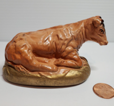 Vintage Nativity Putz Sitting Cow Gold Base Solid Chalkware Plaster 4.25&quot; - £7.89 GBP