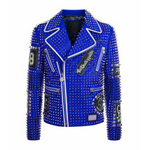 Women&#39;s handmade Designer Handmade Full Spiked and Studded BLUE Leather Jacket - £313.75 GBP