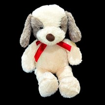 Walmart Puppy Dog Plush Stuffed Animal Cream Gray Ears Red Bow 15 Inch So Soft! - £16.59 GBP