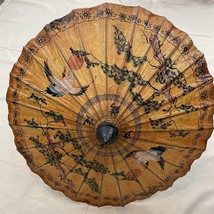 Hand Made Oriental Asian Floral Bird Vtg Folding Paper Bamboo Umbrella P... - $28.71