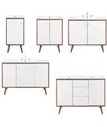 White Mid Century Modern Walnut Bathroom Vanity Ceramic Sink Single Double - $182.95+