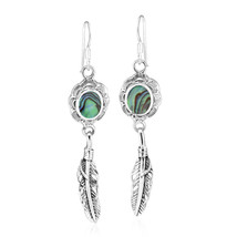 Boho Chic Oval Abalone Shell &amp; Sterling Silver Feather Dangle Earrings - £16.73 GBP