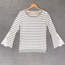 Roz Ali Sweater Women M Gray White Striped Lace Bell Sleeve Scoop Neck S... - £11.36 GBP