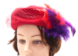 VTG Women’s Henry Pollack Glenover Wool Red Hat Purple Feathers &amp; Mesh 21.5&quot; - £14.66 GBP