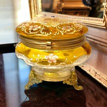 Antique Moser Topaz Amber Glass Victorian Footed Dresser Trinket Box Ena... - £124.46 GBP