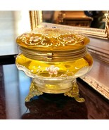 Antique Moser Topaz Amber Glass Victorian Footed Dresser Trinket Box Enameled - £124.27 GBP