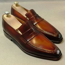 Handmade Men&#39;s Brown Leather Shoes Moccasin Slip on Penny Loafer Dress Shoes - £103.50 GBP