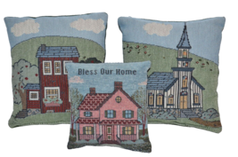 Tapestry Small Pillow set Victorian Church House Bless Our Home Farmhouse decor - $24.26