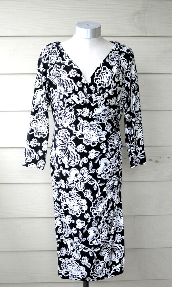 Lauren Ralph Lauren Dress Floral V Neck 3/4 Sleeve Faux Wrap Black White... - $39.99