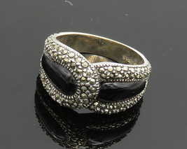 925 Sterling Silver - Vintage Black Onyx &amp; Marcasite Band Ring Sz 7.5 - RG19981 - £30.24 GBP