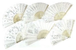 6 WHITE WEDDING FABRIC LACE HELD HAND FANS novelty 9 inch fan BRIDE acce... - $12.34