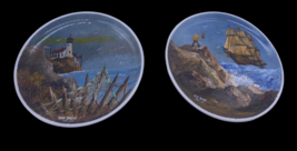 Handpainted Nautical Plates Set Lot 2 Lighthouse Coastal Fisherman Clipper Ship - $74.44