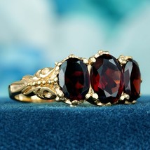 Natural Garnet Vintage Style Three Stone Ring in Solid 9K Gold - £439.09 GBP
