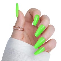 Green Press on Nails Long Square Solid, Glossy Acrylic Extra Long Fake N... - £10.05 GBP