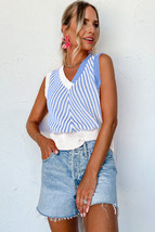 Sky Blue Contrast Chevron Knit V Neck Sweater Vest - $257.27 MXN