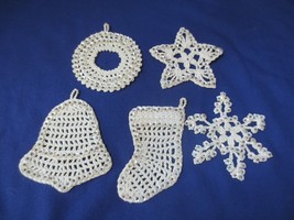 5 Vintage crocheted w/ sequins &amp; beads Christmas Ornaments Star Bell Stocking + - £11.98 GBP