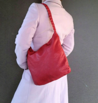 Red Leather Bag w/ Braided Handle, Original Rustic Hobo Purse, Claudia - £86.29 GBP