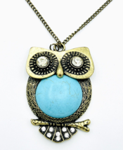 Antiquated Brass Tone Dyed Turquoise Howlite Crystal Owl Necklace - £9.49 GBP
