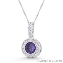 Round Cut Simulated Amethyst &amp; Cubic Zirconia CZ Halo Pendant in 14k White Gold - £86.15 GBP+