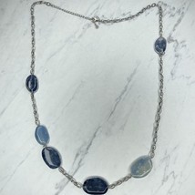 Chico&#39;s Silver Tone Blue Beaded Long Chain Link Necklace - £13.22 GBP