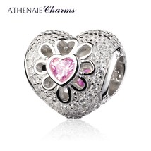 925 Sterling Silver with Pave Clear CZ &amp; Pink CZ Heart Blooms Bead Charms  Fit E - £30.99 GBP