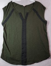 Merona Tank Top Women Large Green Knit Embroidered 100% Cotton Sleeveless V Neck - £7.50 GBP