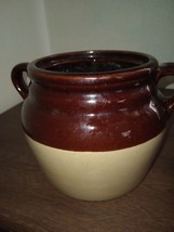 Monmouth USA Bean Pot Cookie Jar Brown &amp; Cream Glazed Pottery Pot Lid Maple Leaf - £11.57 GBP