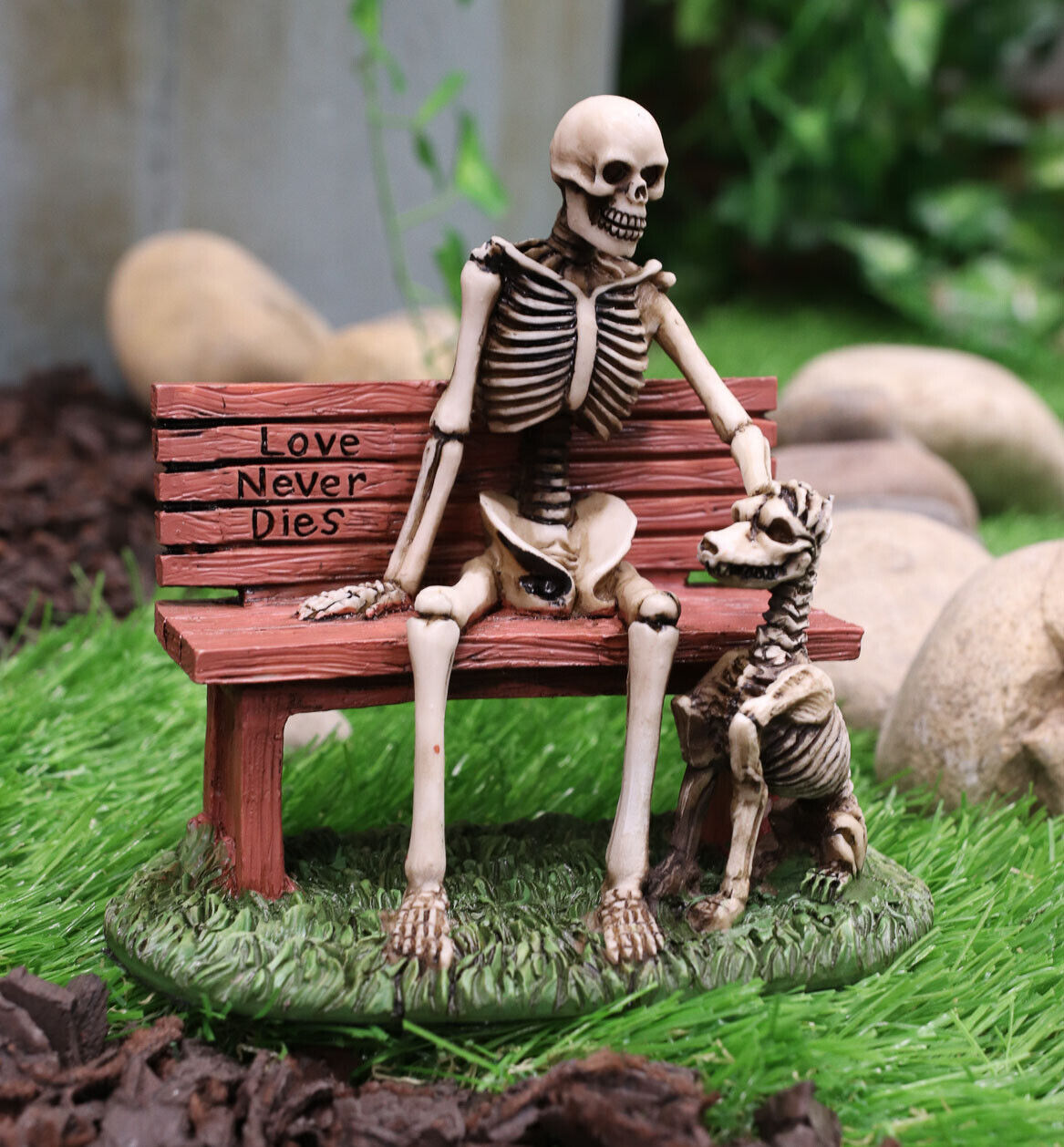 Ebros DOD Love Never Dies Skeleton Man Patting His Dog By Park Bench Figurine